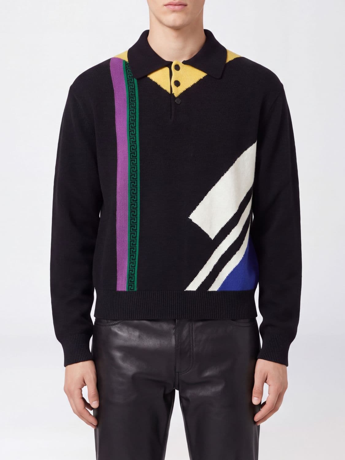 Versace Geometric Pattern Long-Sleeved Wool Knit Polo