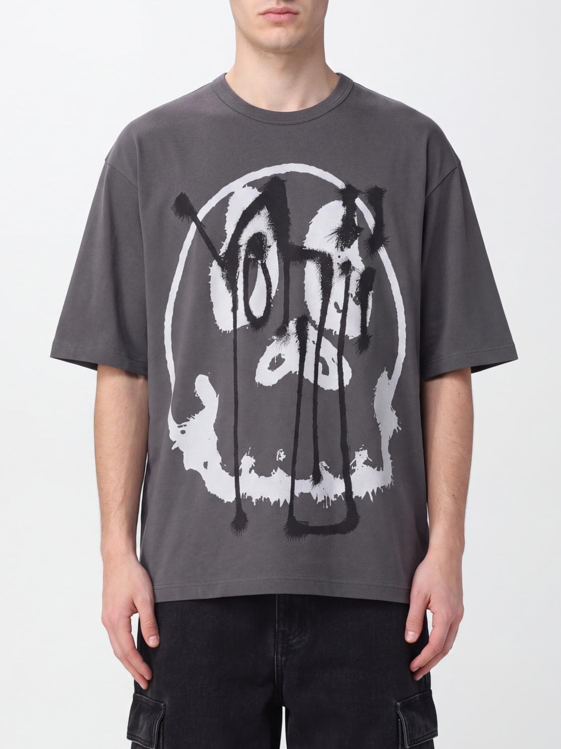 Y-3 Cotton T-Shirt with Graffiti Logo Print and Dropped Shoulders