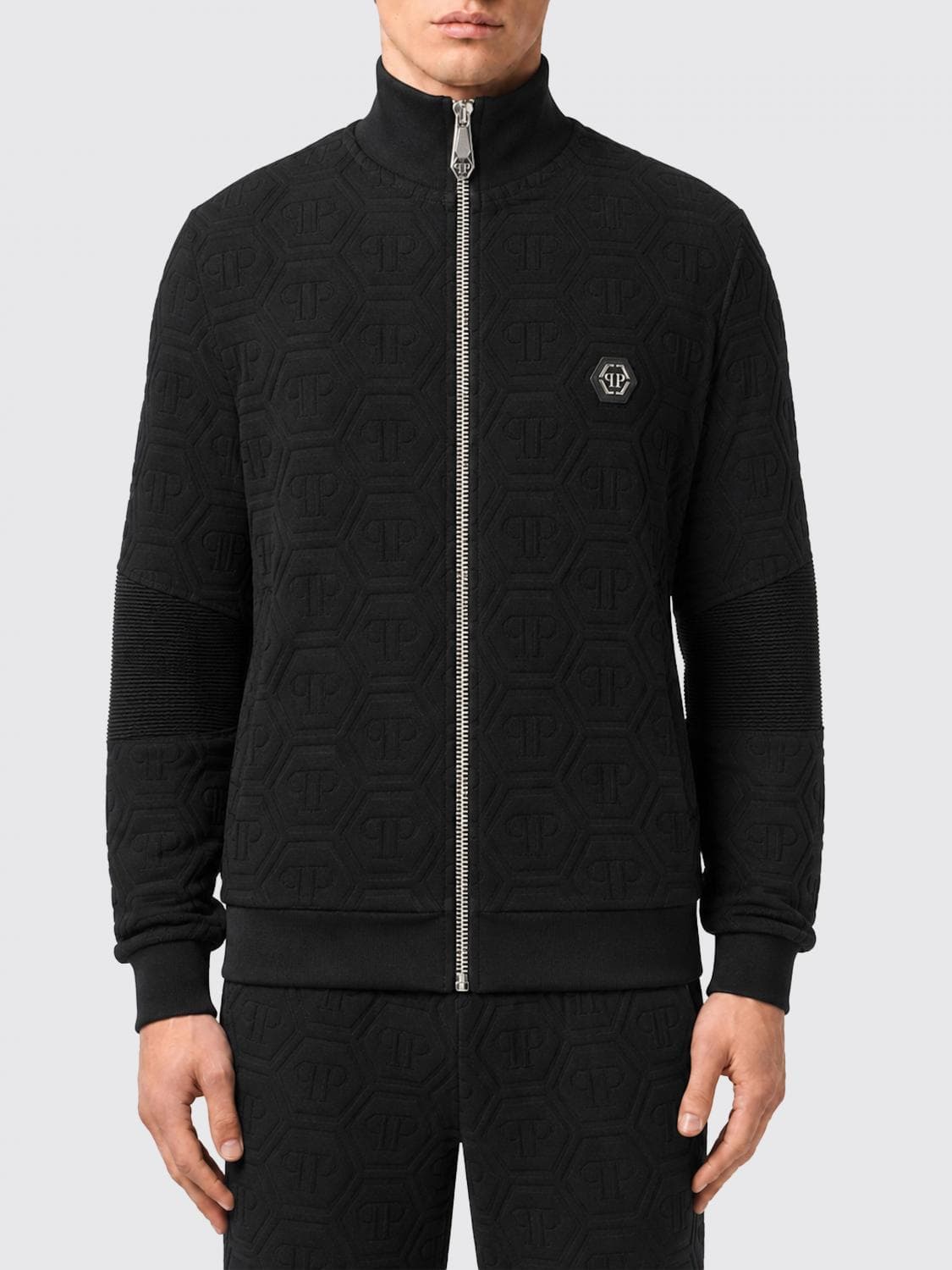 Philipp Plein Jersey Zip-Up Sweatshirt with High Neck and Jacquard Hexagon Logo