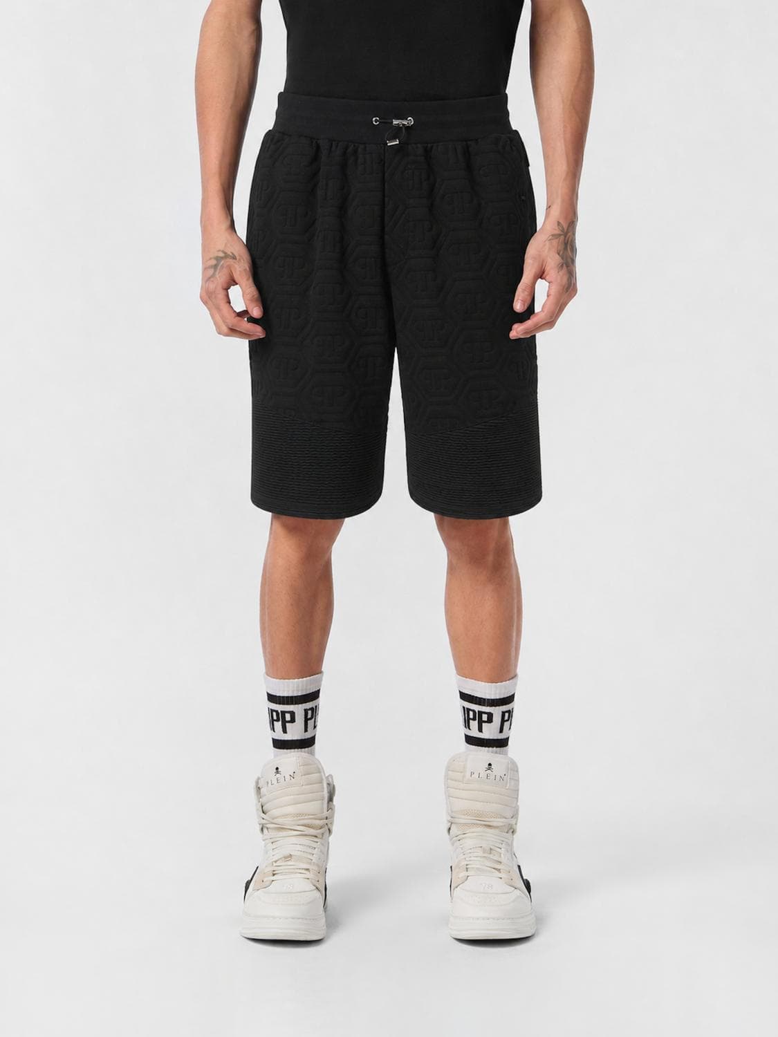 Philipp Plein Knee-Length Jersey Jogging Shorts with Drawstring and Hexagon Logo
