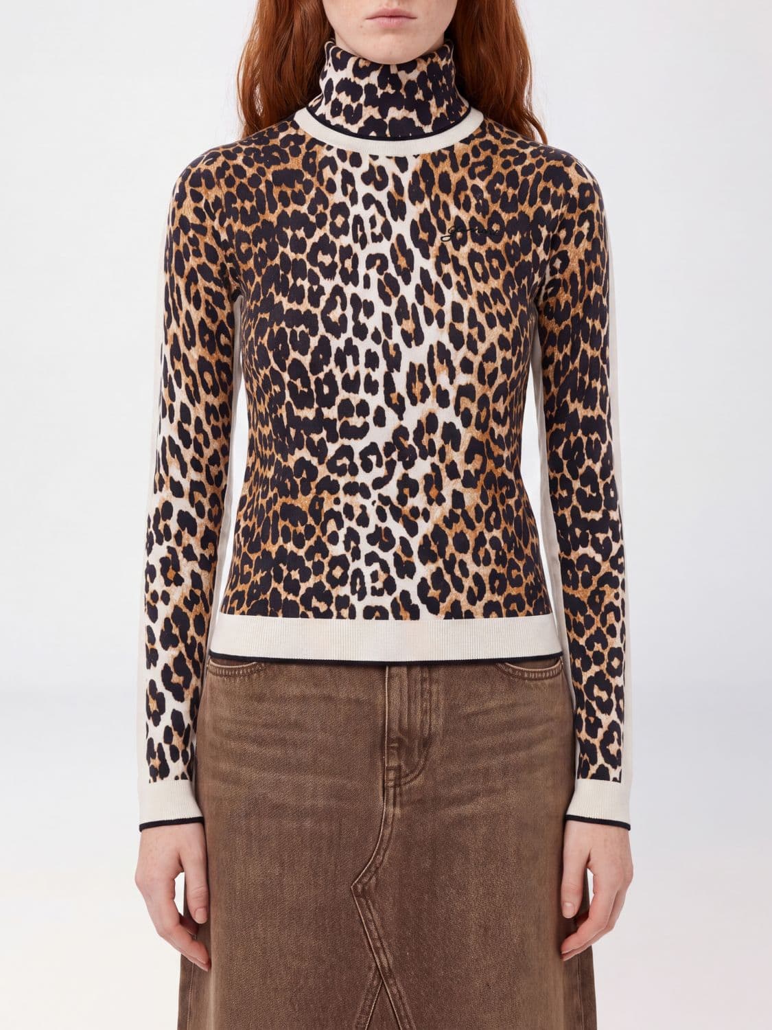 Ganni Animal Print Slim-Fit Turtleneck Jumper in Pure Merino Wool