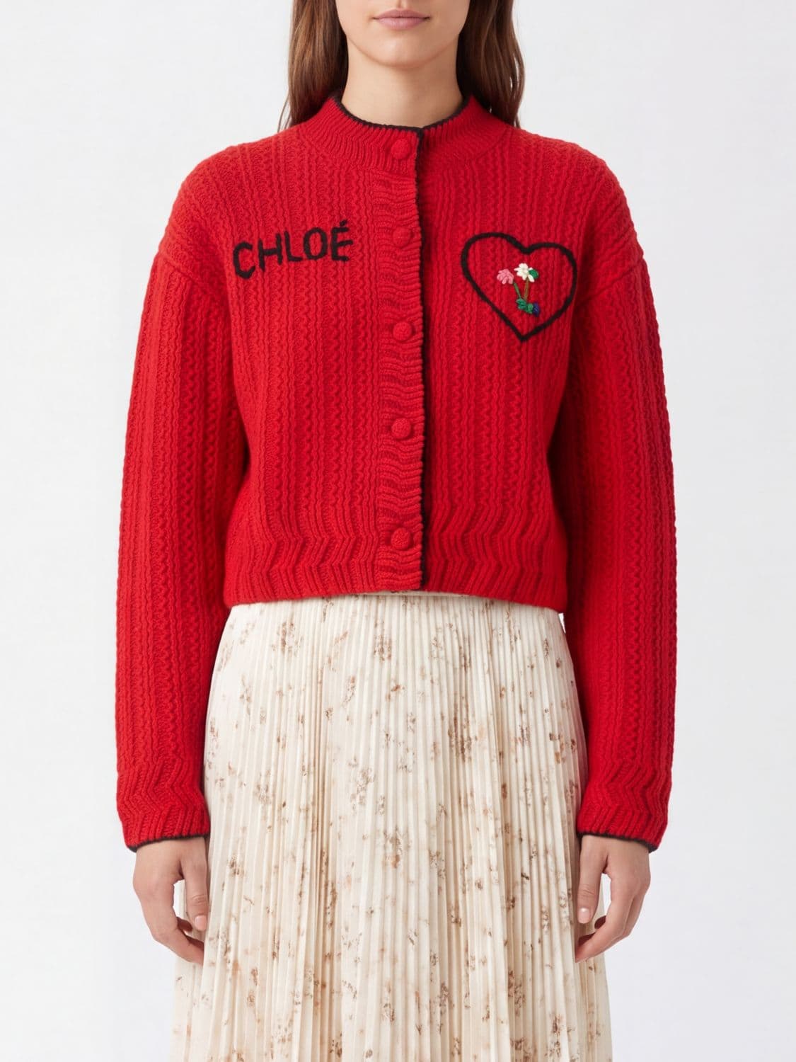 Chloé Wool and Cashmere Cardigan with Embroidered Logo and Contrast Trims