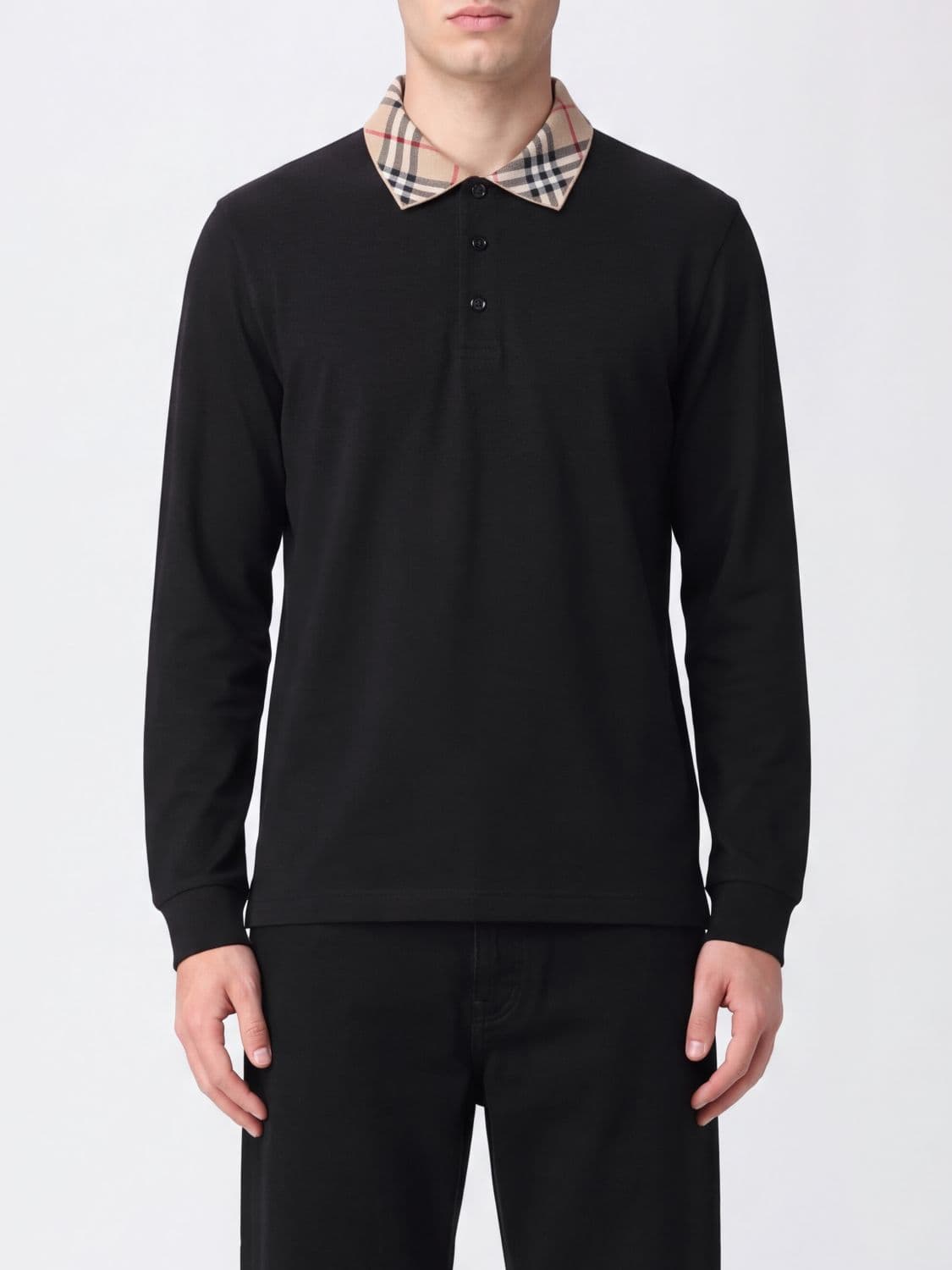 Burberry Long-Sleeved Cotton Polo with Check Pattern Collar