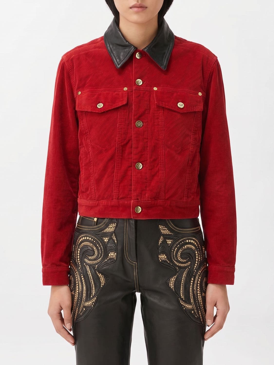 Versace Cropped Cotton Velvet Shirt Jacket with Leather Collar