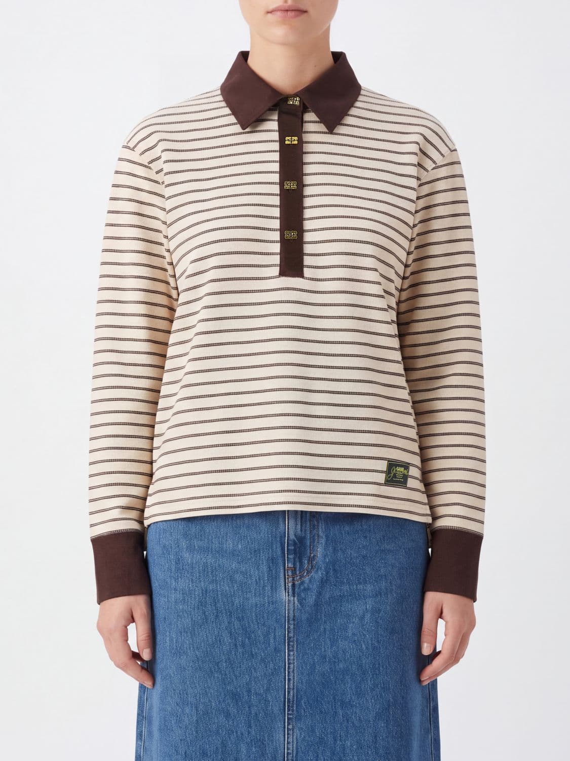 Ganni Long-Sleeved Striped Polo in Cotton with Butterfly Logo Patch