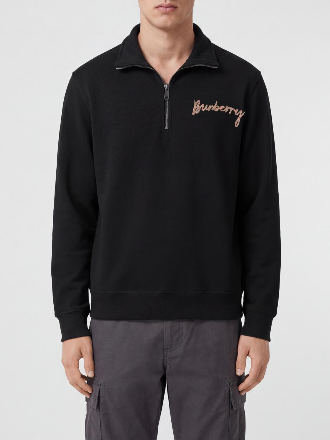 Burberry Zip-Neck Cotton Turtleneck Jumper with Contrasting Logo