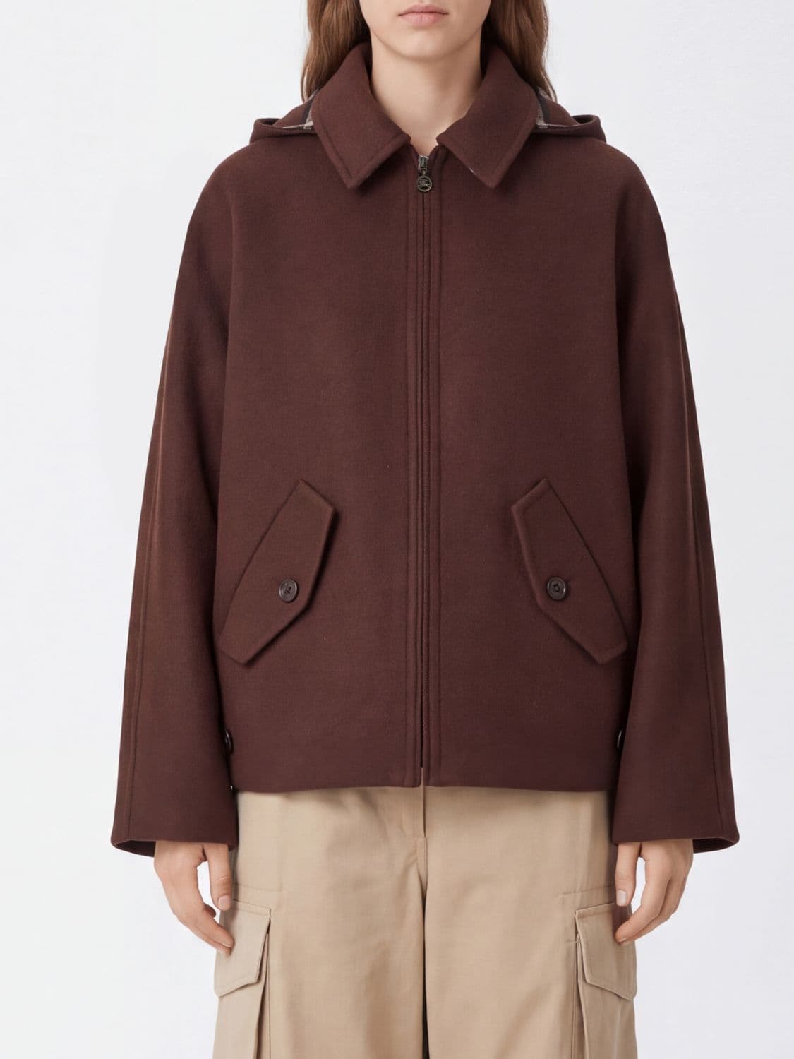Burberry Hooded Single-Breasted Short Wool Coat with a Relaxed Fit