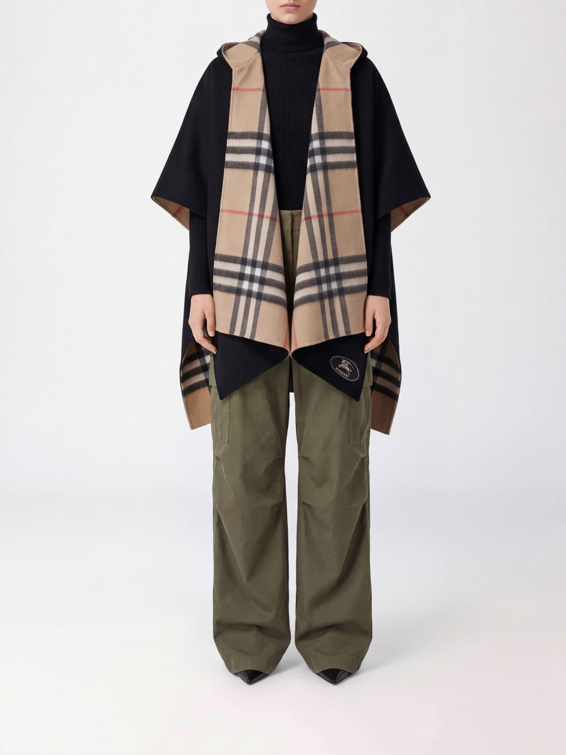 Burberry Hooded 100% Cashmere Cape with Check Pattern