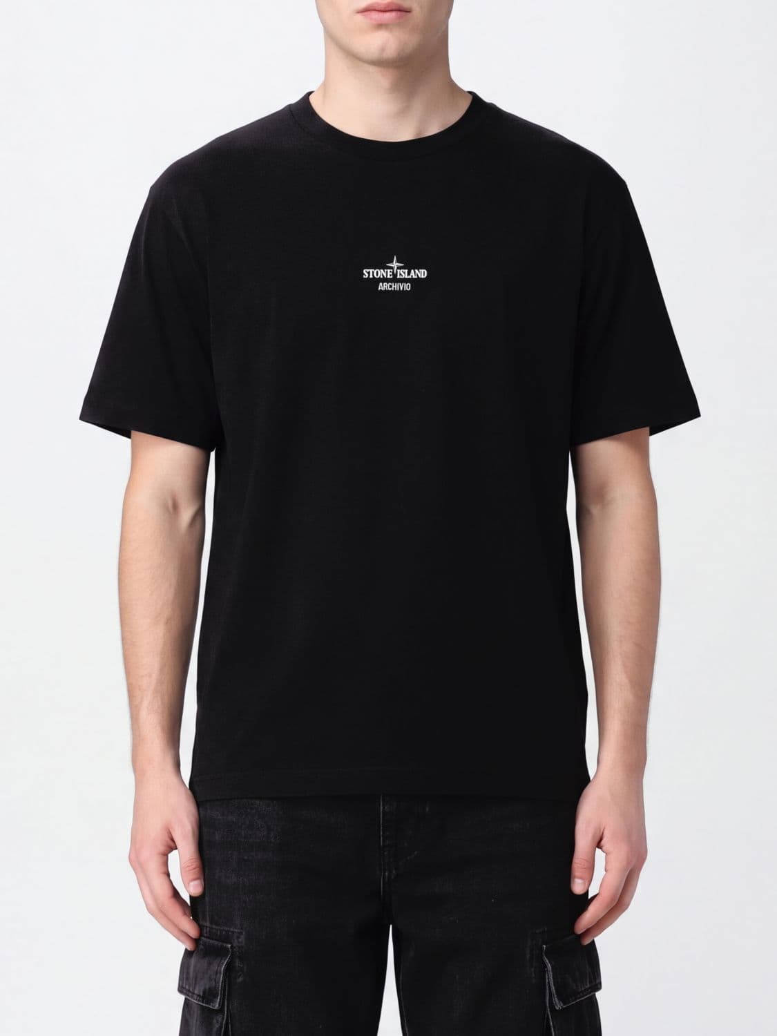 Stone Island Crew Neck Cotton T-Shirt with Graphic Print and Contrast Logo