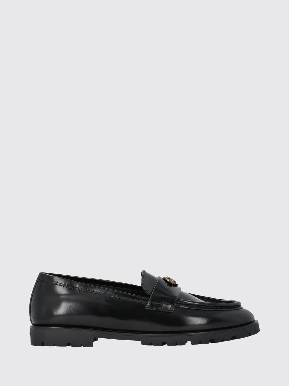 Pinko Nora Smooth Leather Penny Loafers with Strap and Metallic Love Birds Logo