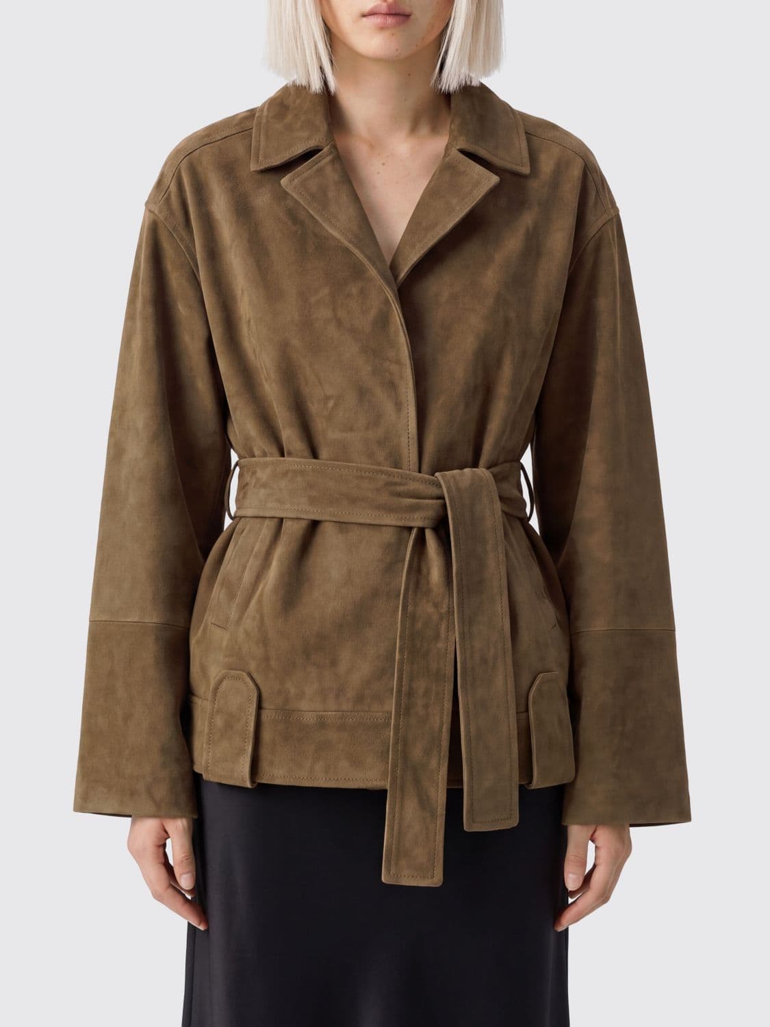 Khaite Suede Leather Robe-Style Jacket with Belt