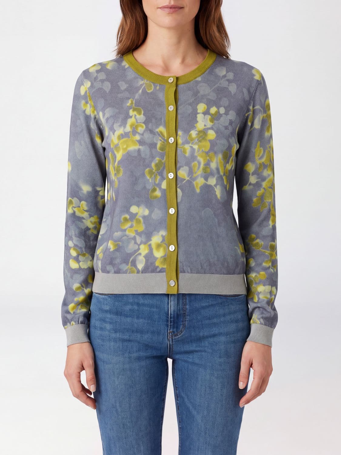 In Bed With You Floral Print Pure Wool Cardigan with Crew Neck