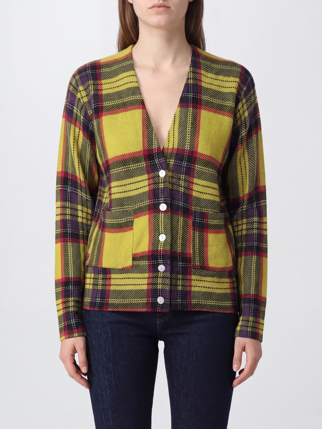 In Bed With You Button-Front Tartan Wool Cardigan with a V-Neck