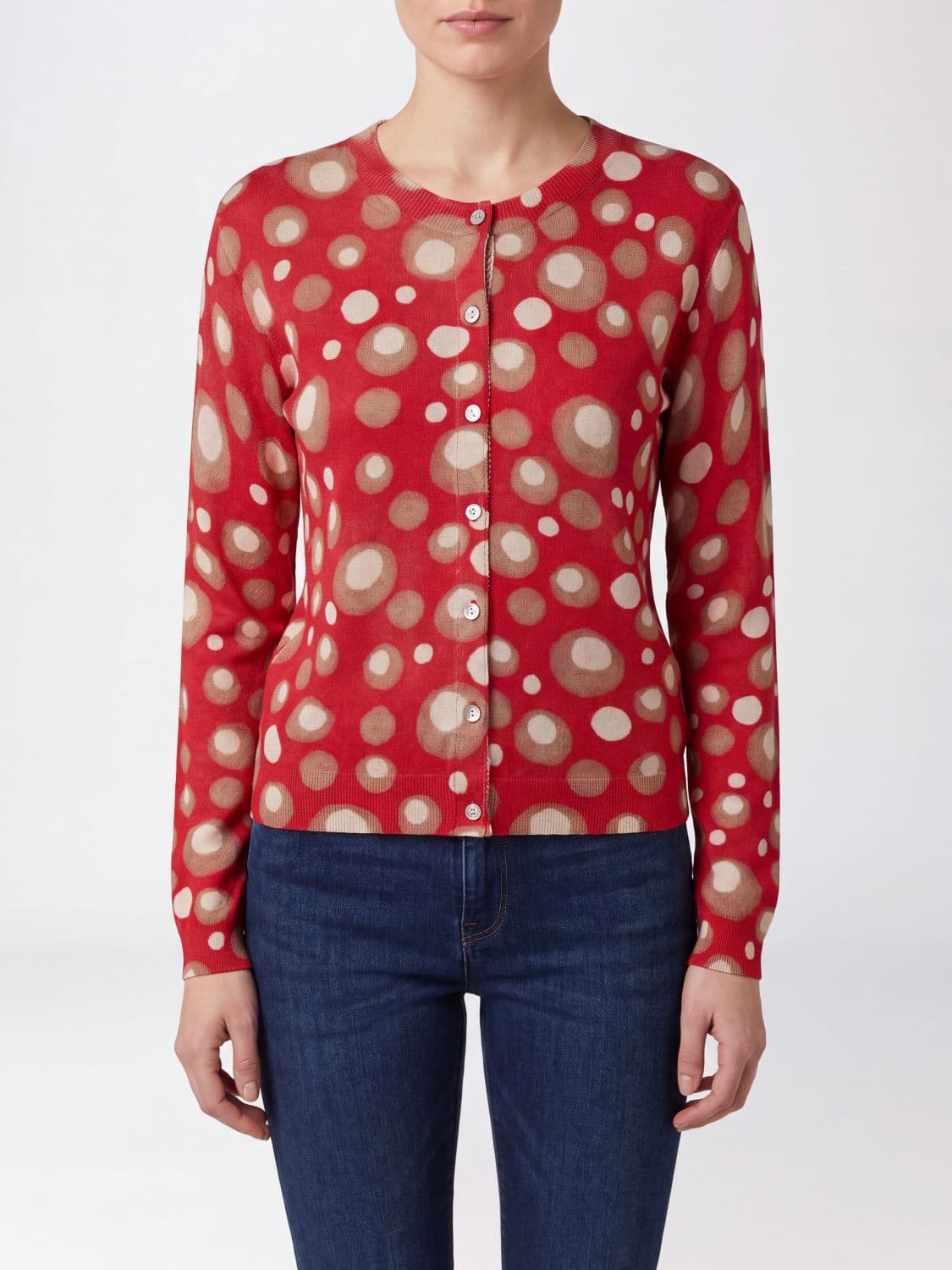 In Bed With You Button-Front Polka Dot Wool Cardigan with Crew Neck