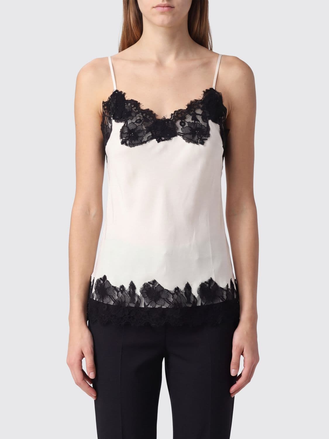 Gold Hawk V-Neck Silk Top with Contrast Lace Inserts