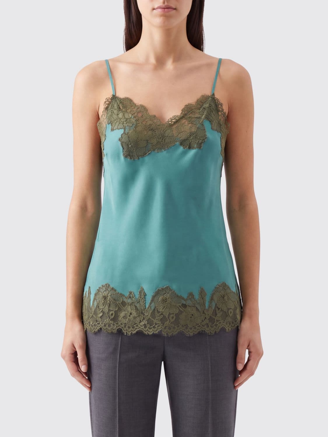 Gold Hawk V-Neck Silk Top with Contrast Lace Inserts