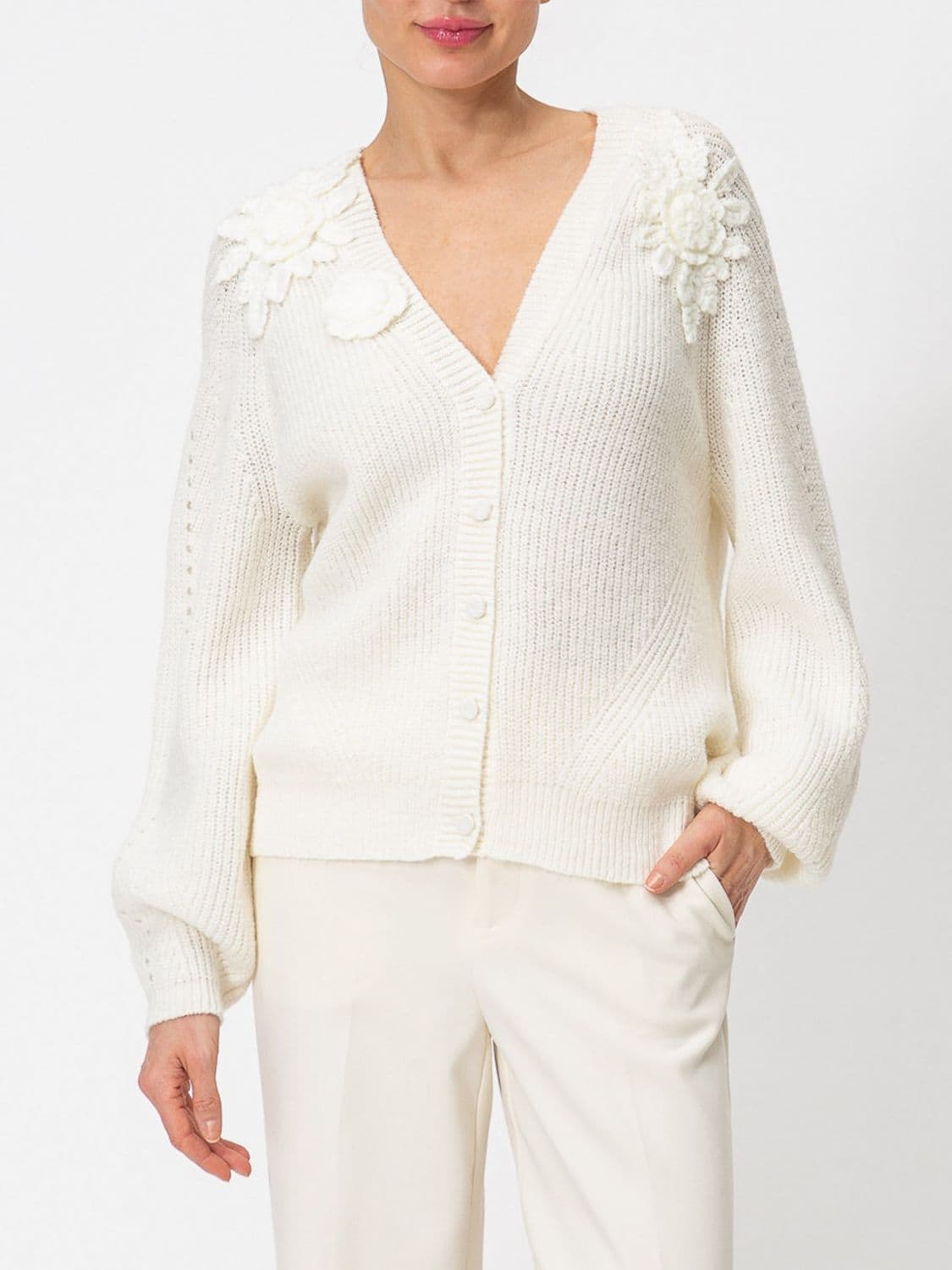 Twinset V-Neck Wool Blend Cardigan with Flower Application