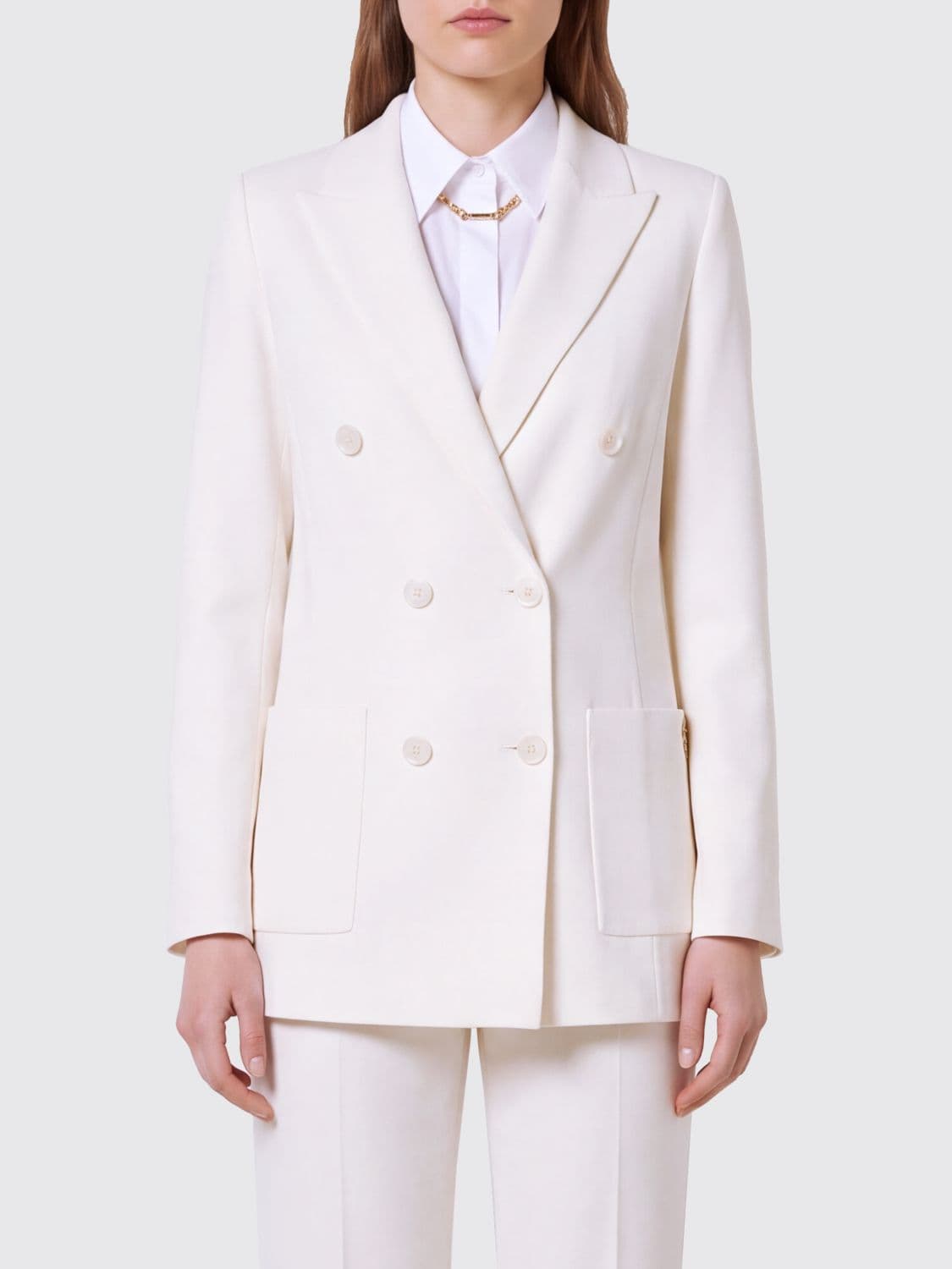 Elisabetta Franchi Double-Breasted Cropped Viscose Blend Blazer with Peak Lapels