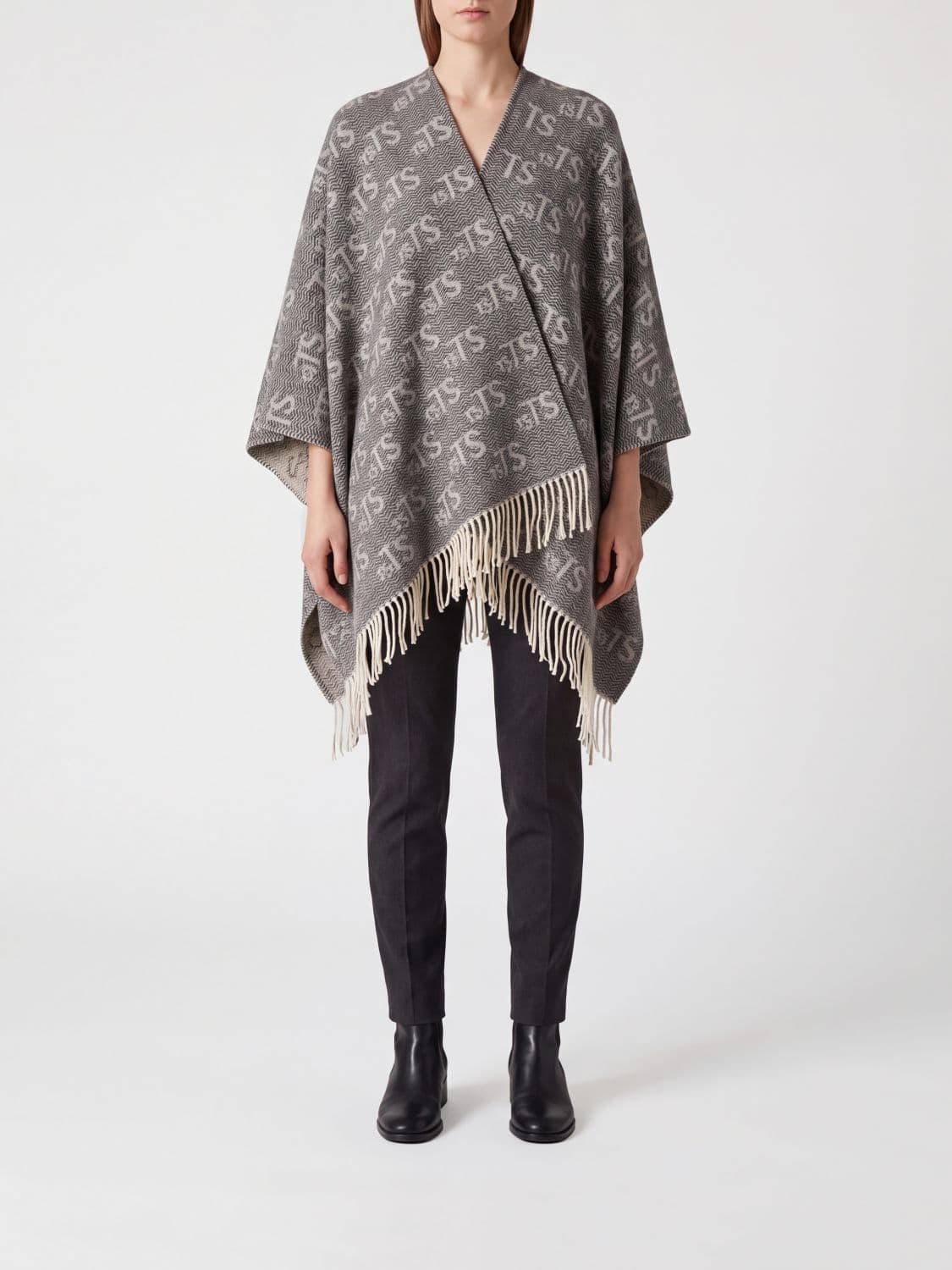 Twinset Viscose Blend Cape with Jacquard Logo and Fringed Hem