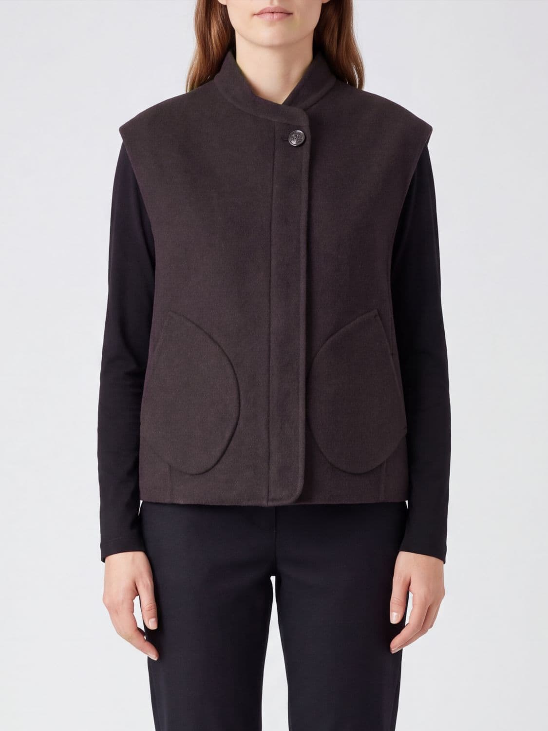 Soeur Long Wool Waistcoat with Bomber Collar and Single-Button Closure