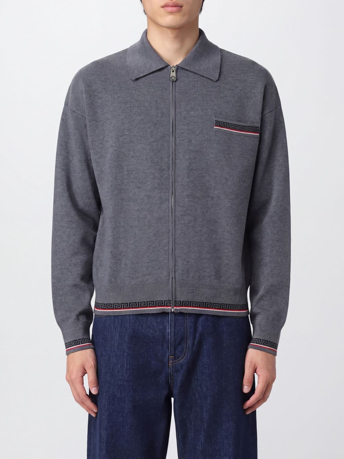 Versace Greca Pattern Wool Cardigan with Zip Closure