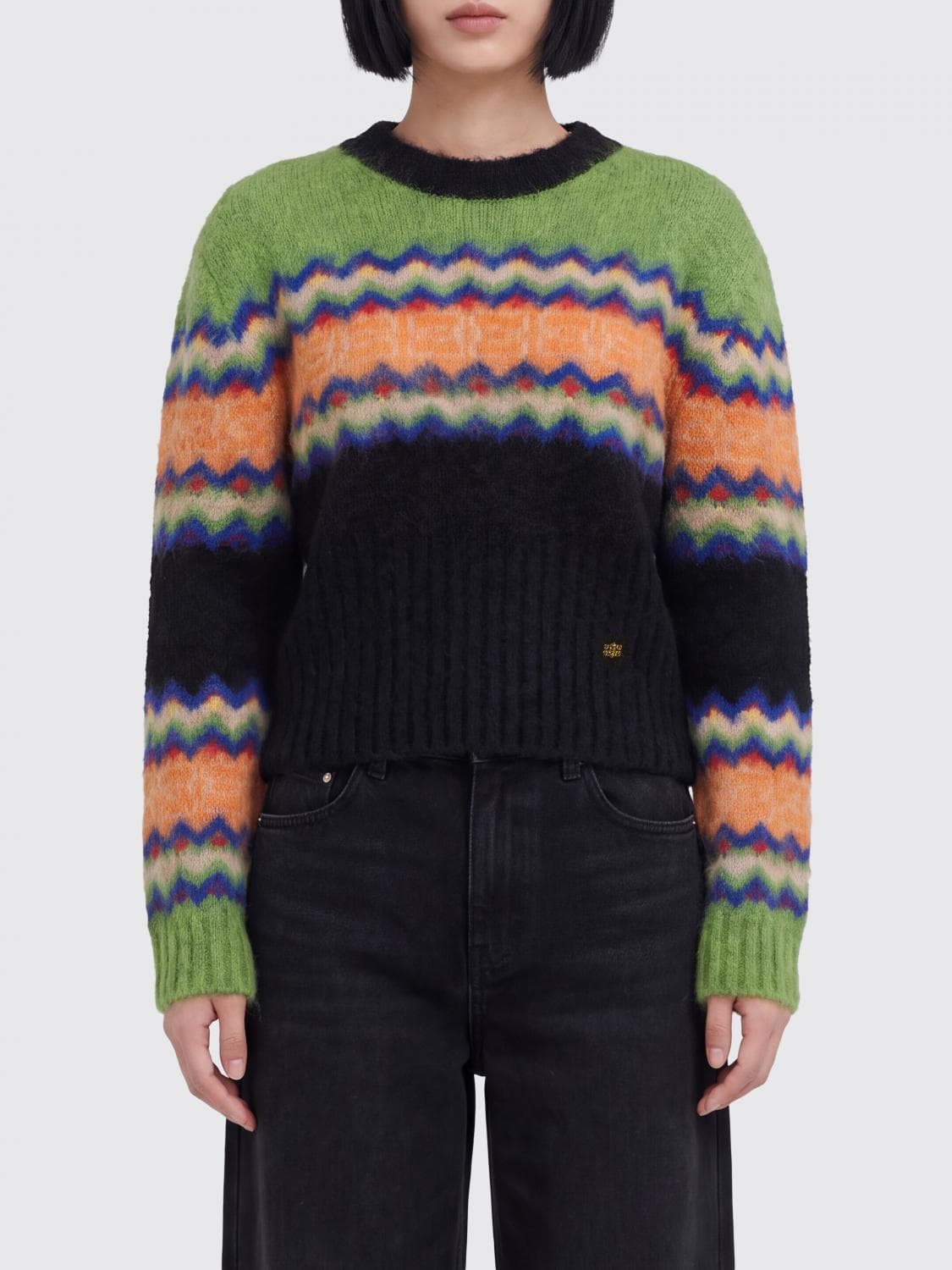 Ganni Graphic Print Wool-Blend Crewneck Jumper with Dropped Shoulders