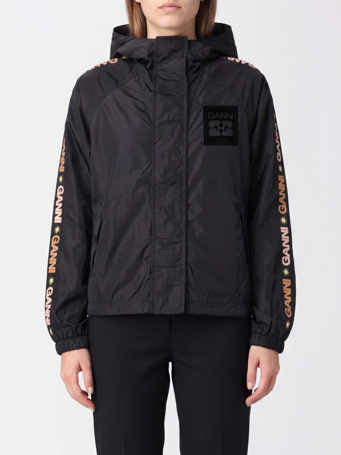 Ganni Short Hooded Windbreaker Jacket with Butterfly Logo
