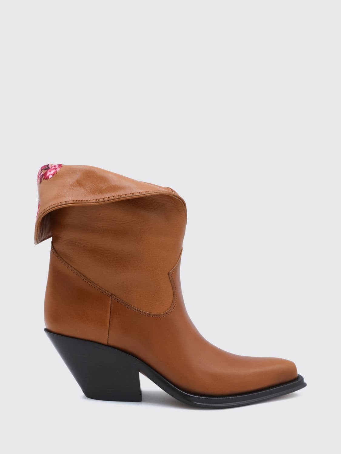 Chloé Azelan Leather Cowboy Boots with Floral Embroidery and Mid Heel