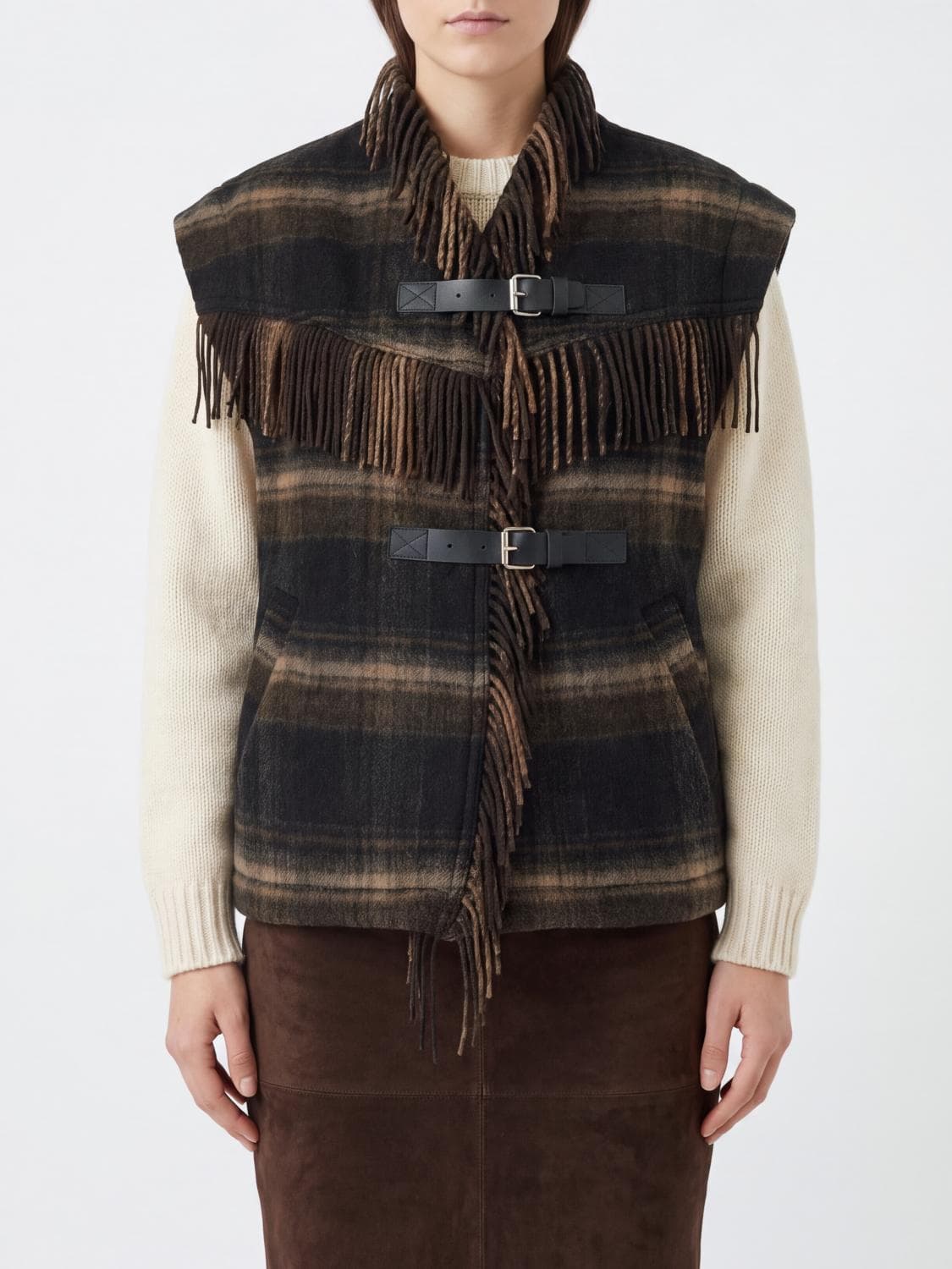 Isabel Marant Etoile Tartan Wool Blend High Neck Vest with Fringes
