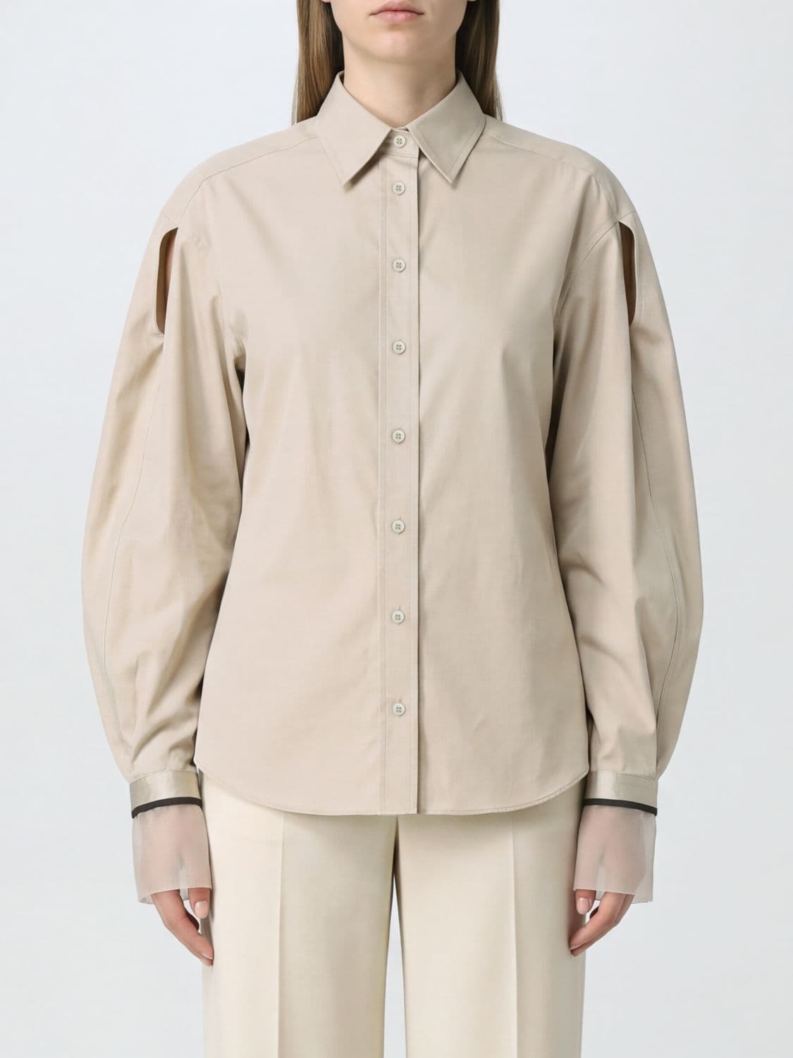Brunello Cucinelli Slim Fit Cotton Poplin Shirt with Monili Embroidery