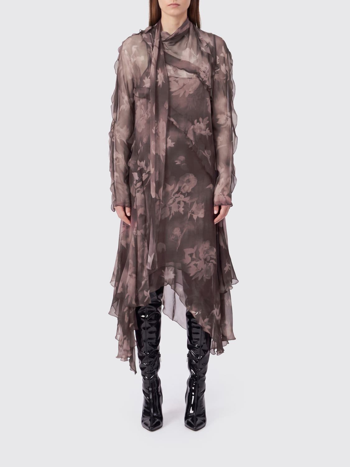 Diesel Asymmetric Floral Print Silk Midi Dress with Rouches
