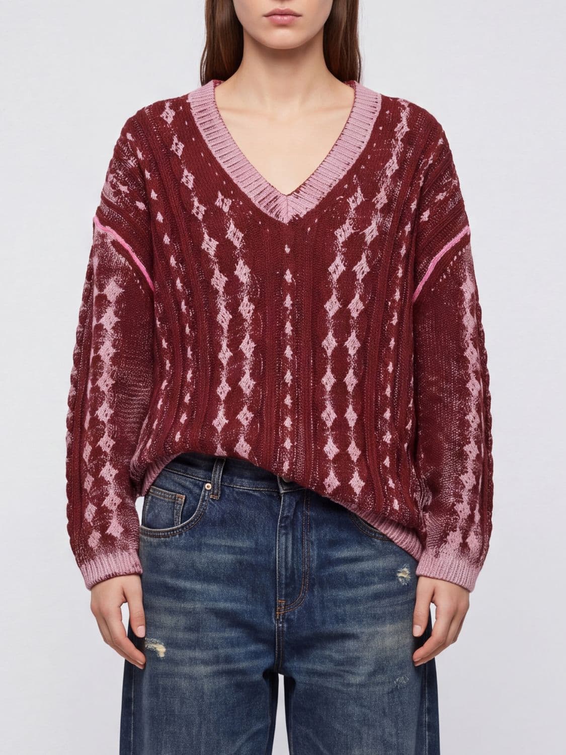 Diesel Oversized Abstract Pattern Viscose Knit Mini Dress with V-Neck