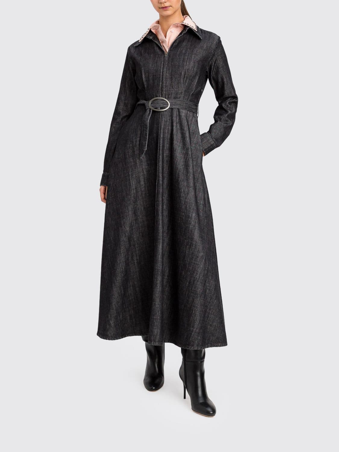 Actitude Twinset Denim Midi Shirt Dress with Adjustable Belt