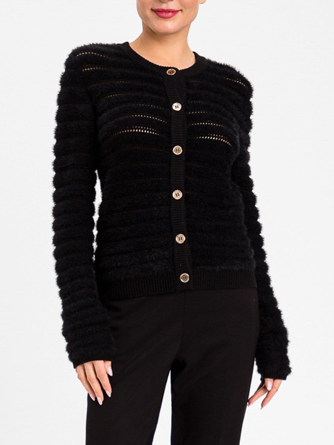 Actitude Twinset Openwork Wool Blend Cardigan with Crew Neck
