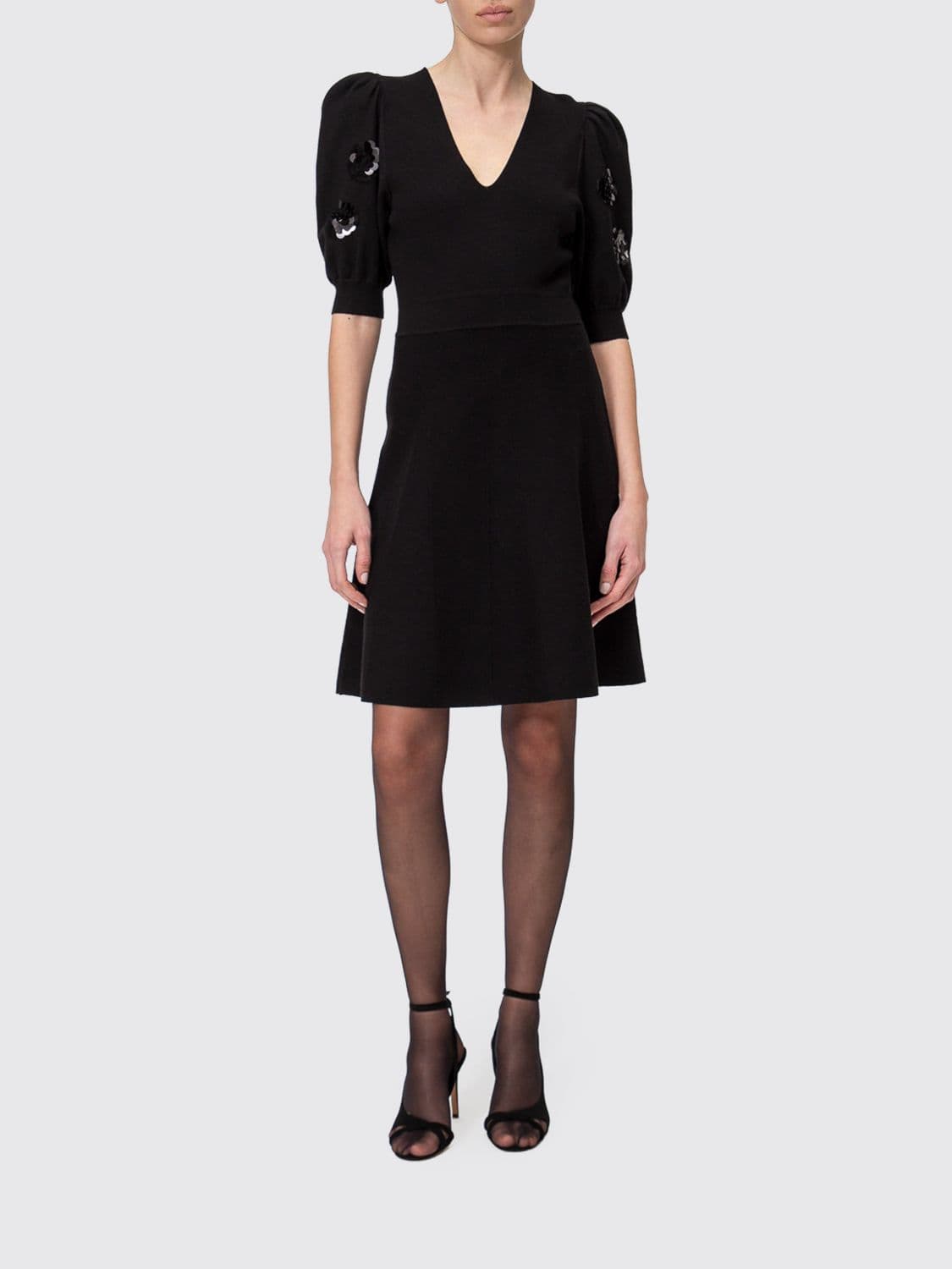 Actitude Twinset Sequin-Embroidered Knit Sheath Mini Dress with Puff Sleeves