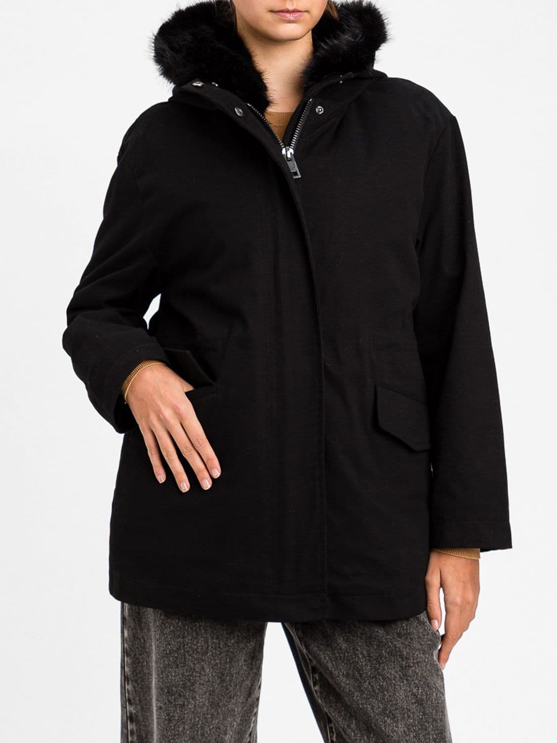 Actitude Twinset Short Cotton Parka with Hood and Faux-Fur Lining