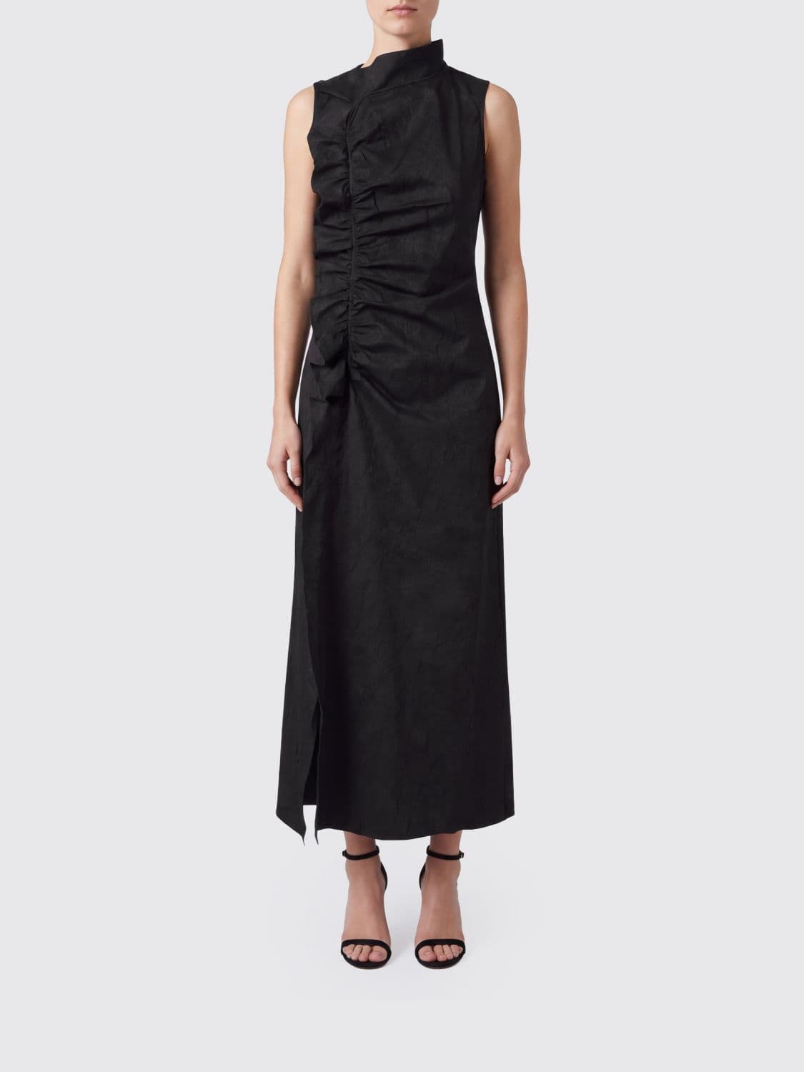 Ulla Johnson Crêpe Sheath Midi Dress with Ruffles and Front Slit