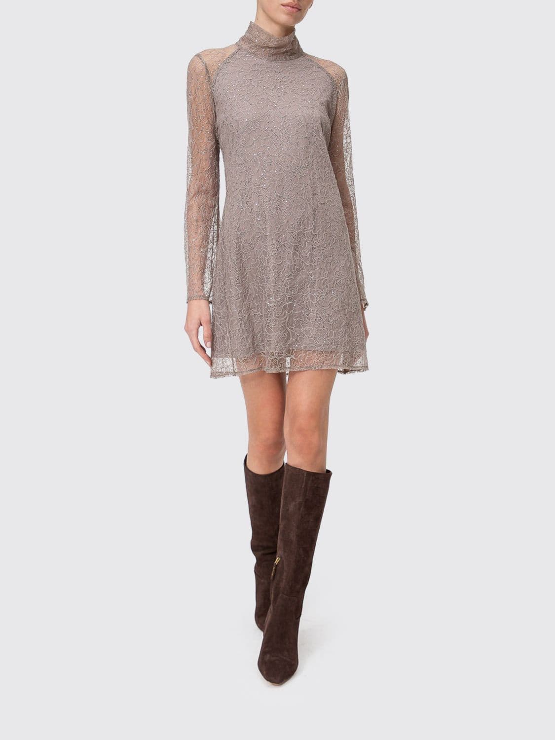 Twinset Sequin-Embroidered High-Neck Lace Sheath Mini Dress