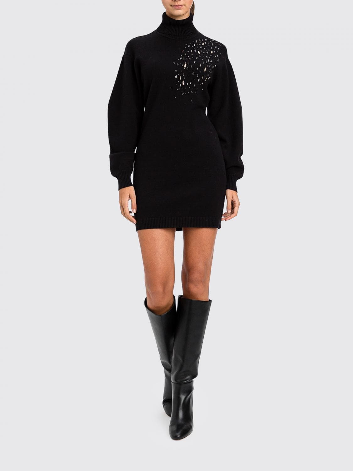 Actitude Twinset Rhinestone-Embellished Viscose-Knit Turtleneck Mini Dress