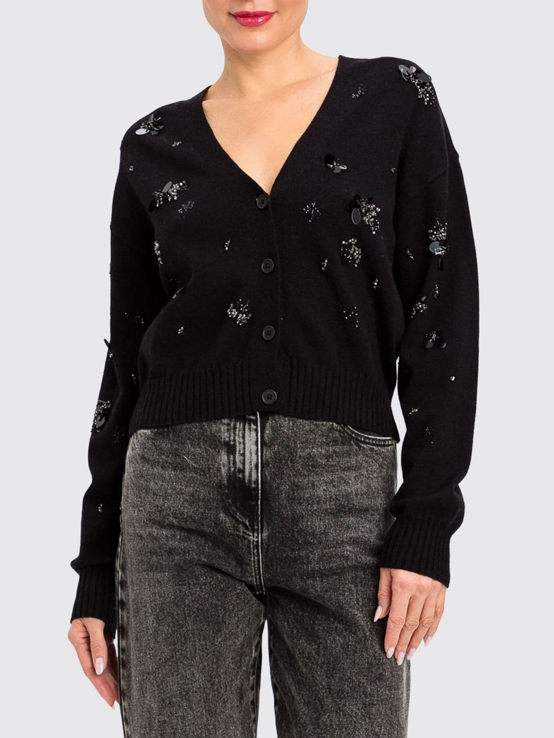 Actitude Twinset V-Neck Wool-Blend Cardigan with Rhinestone Embroidery
