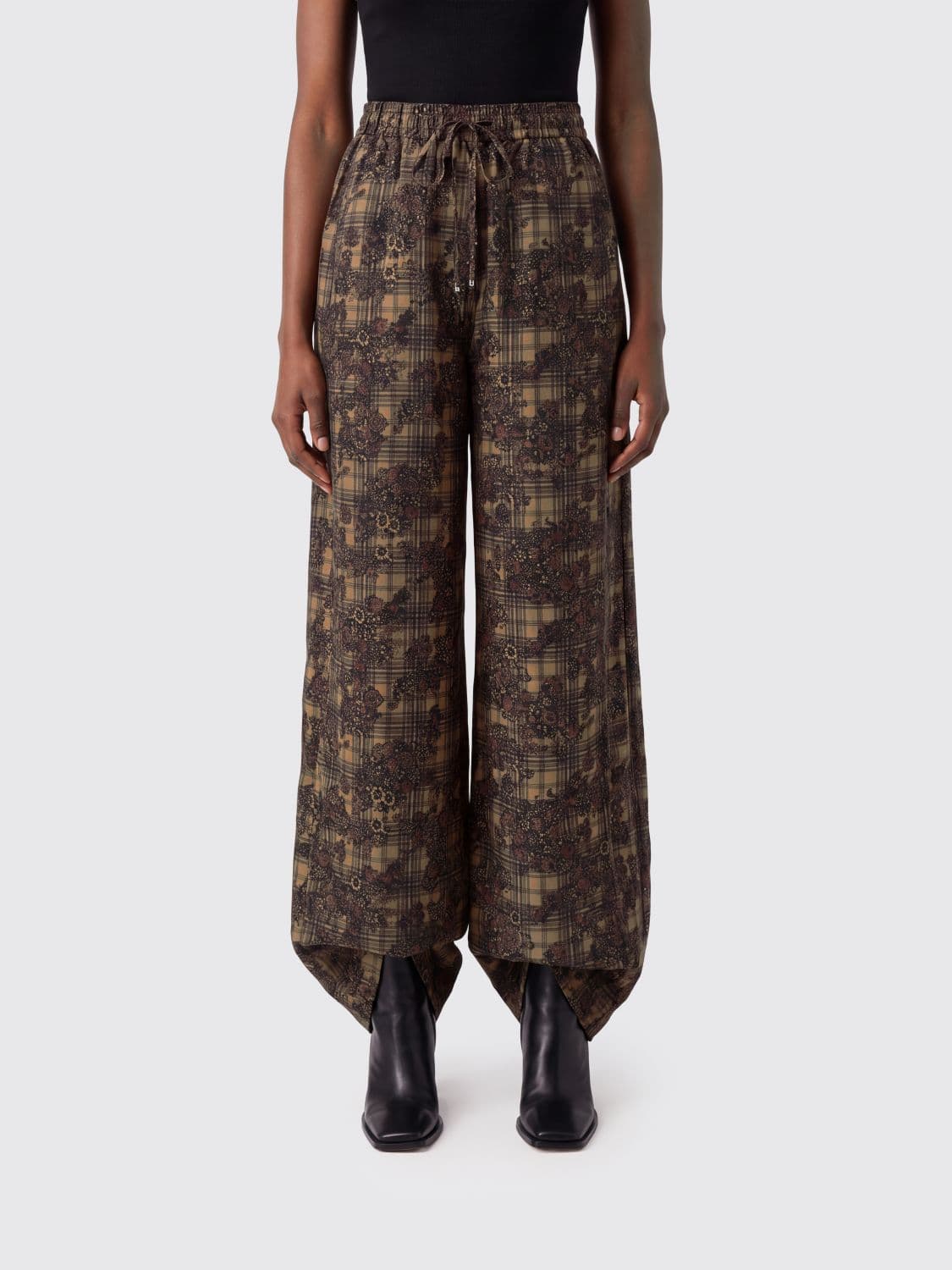 Ganni High-Waisted Wide-Leg Trousers in Floral Check-Print Silk