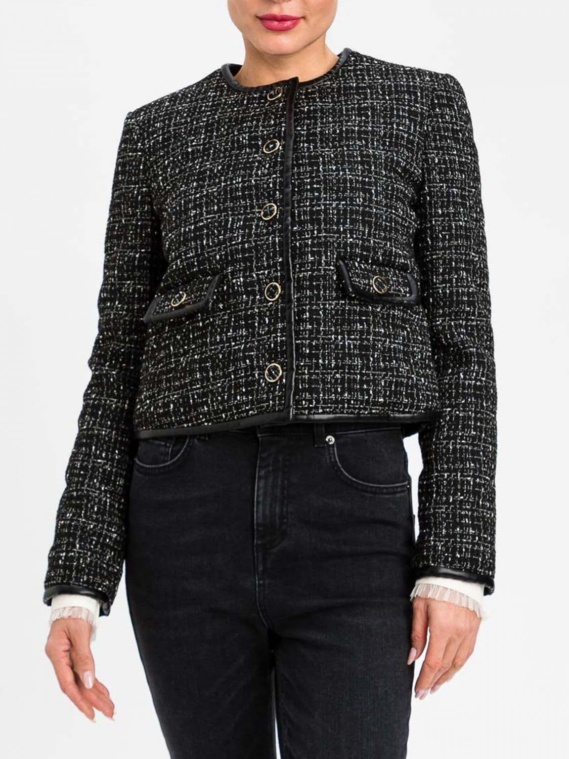 Twinset Cropped Tweed Jacket with a Crew Neck and Flap Pockets