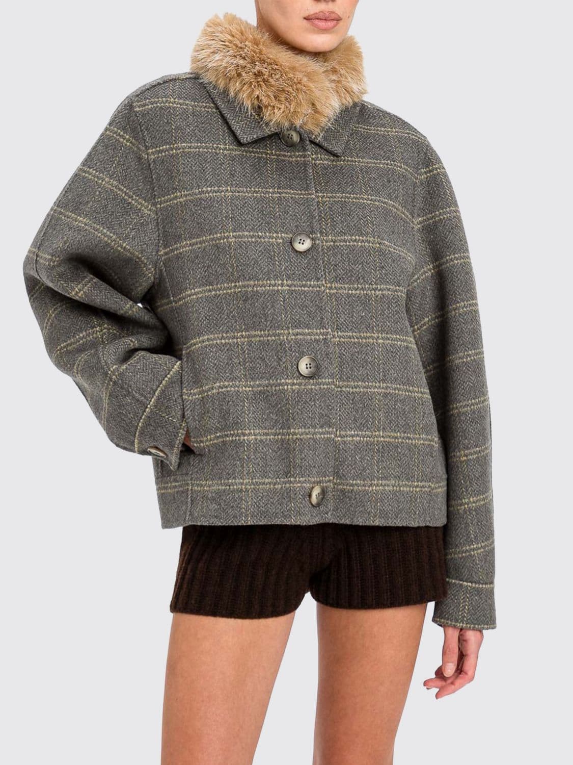 Twinset Check Short Coat in Wool Blend with a Faux Fur Collar