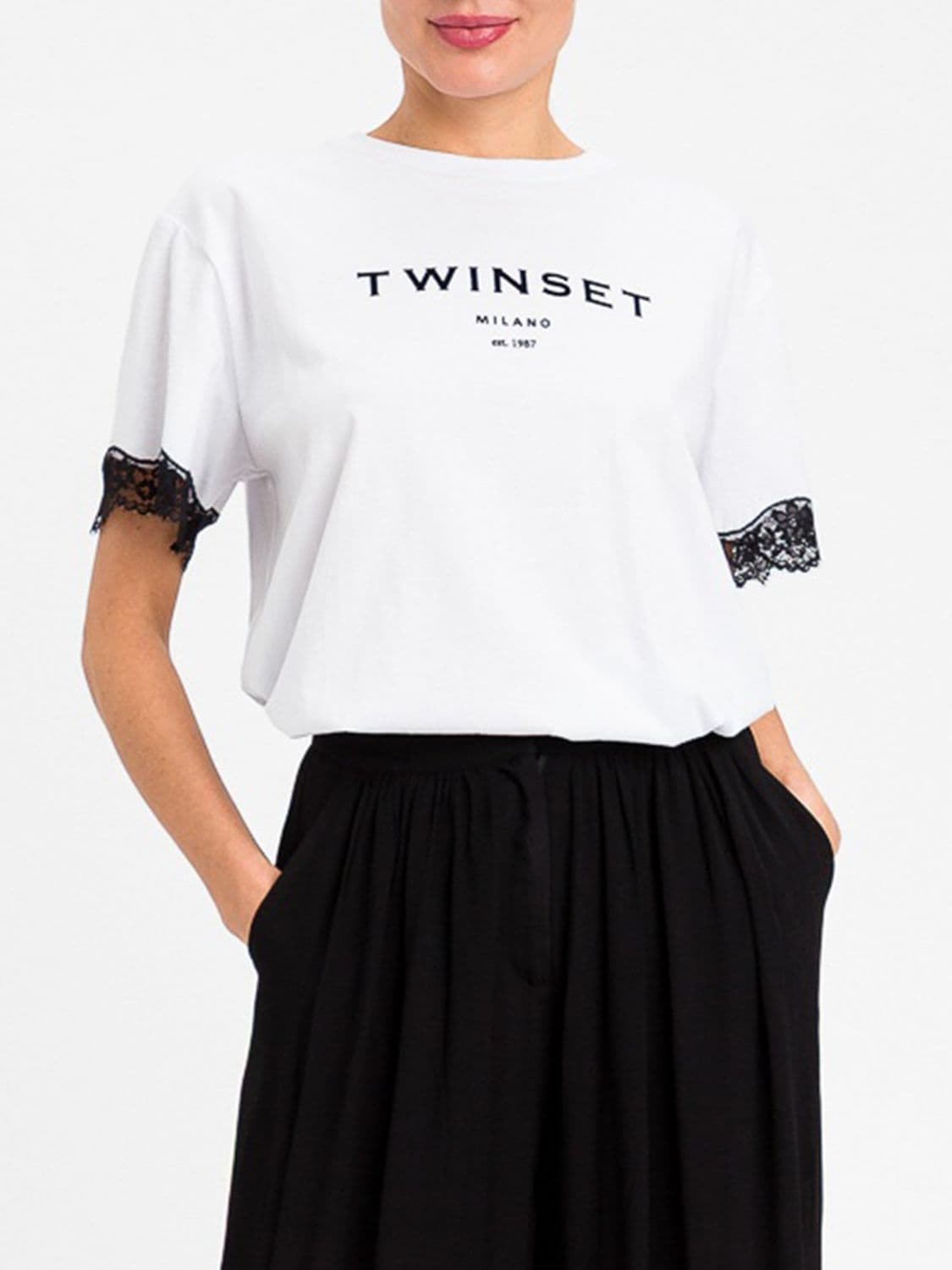 Twinset Cotton T-Shirt with Lace Inserts and Contrast Logo