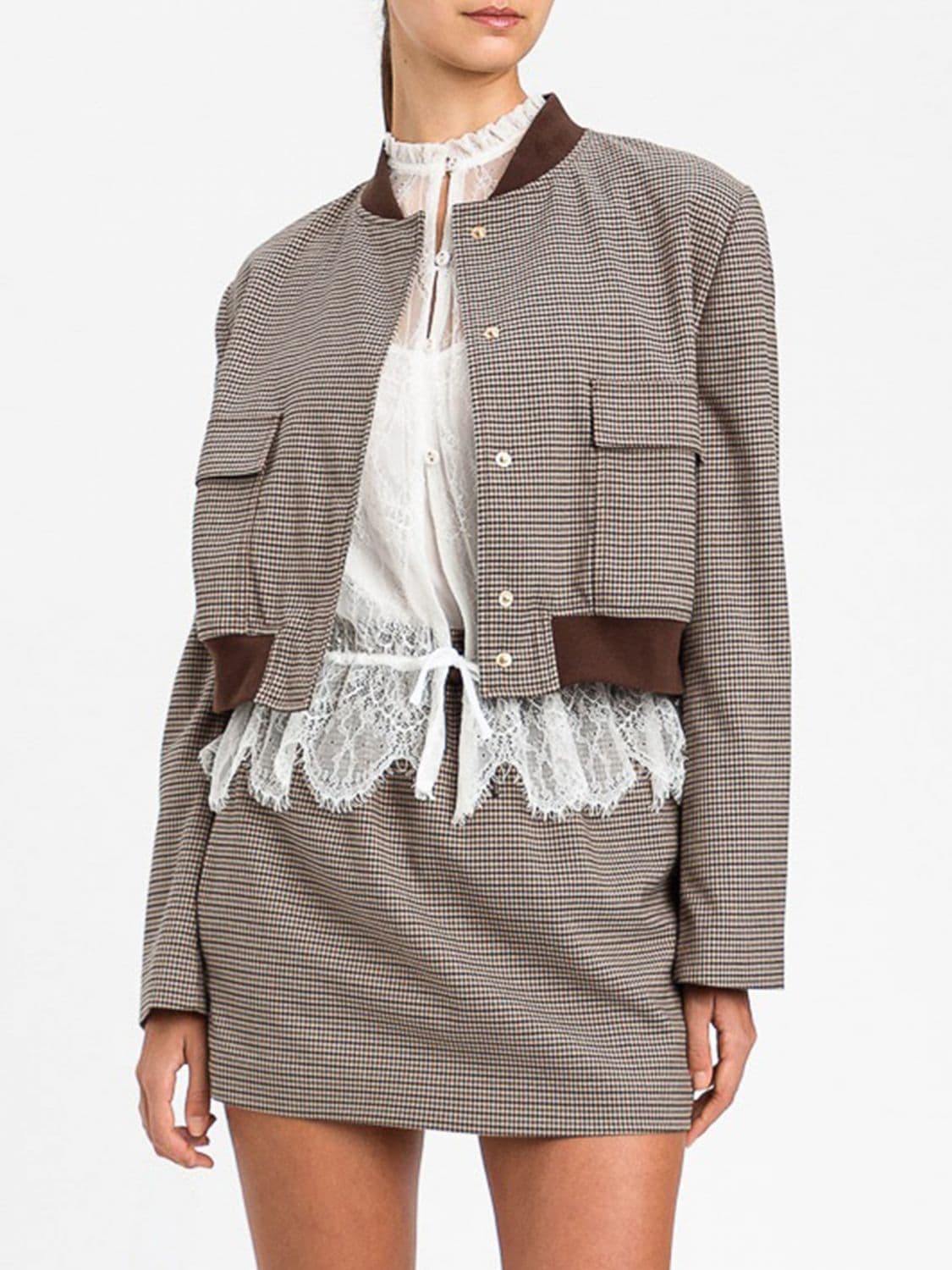 Twinset Viscose-Blend Bomber Jacket with Houndstooth Pattern and Dropped Shoulders
