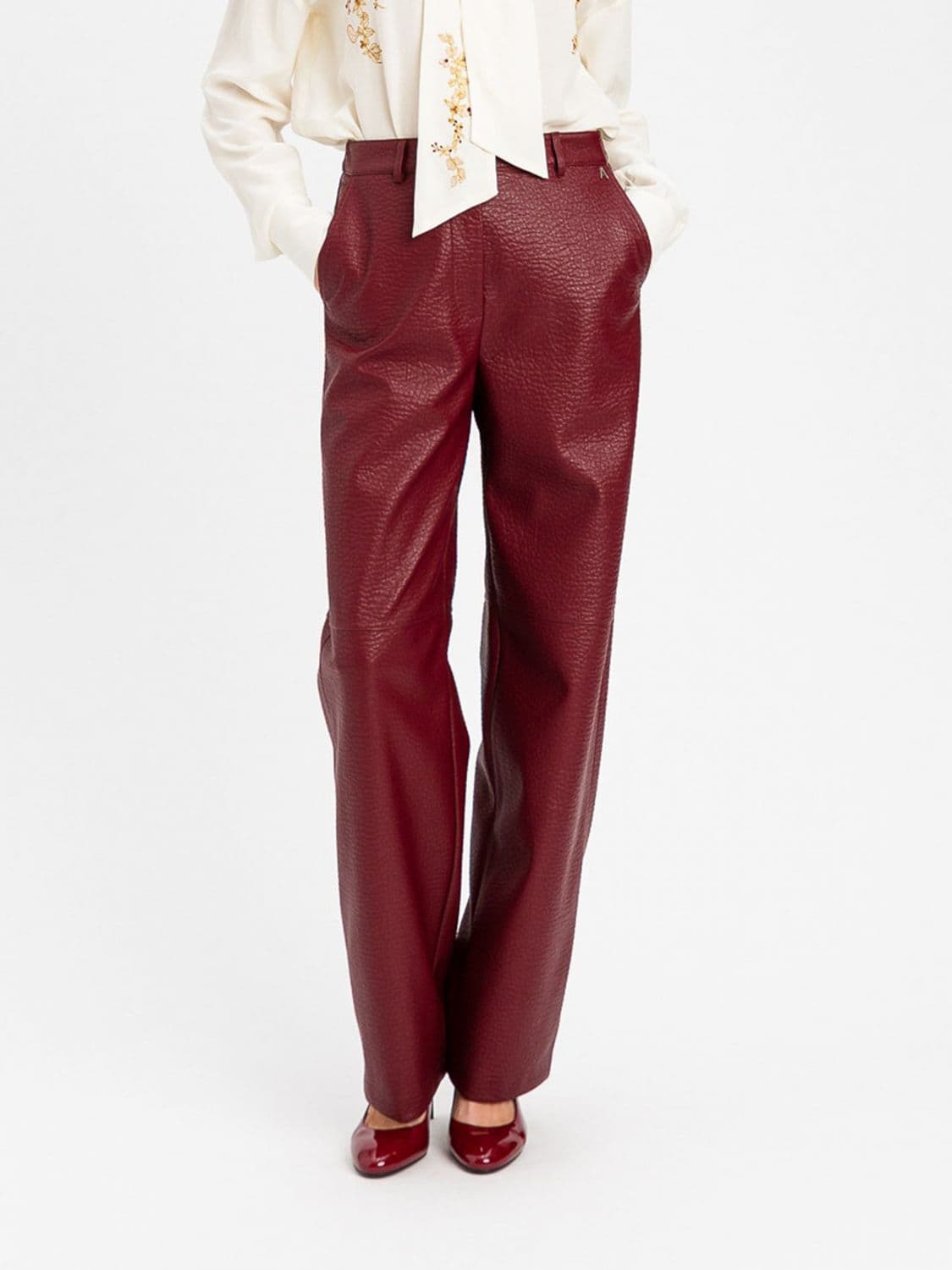 Actitude Twinset High-Waisted Wide Leg Trousers in Grained Faux Leather
