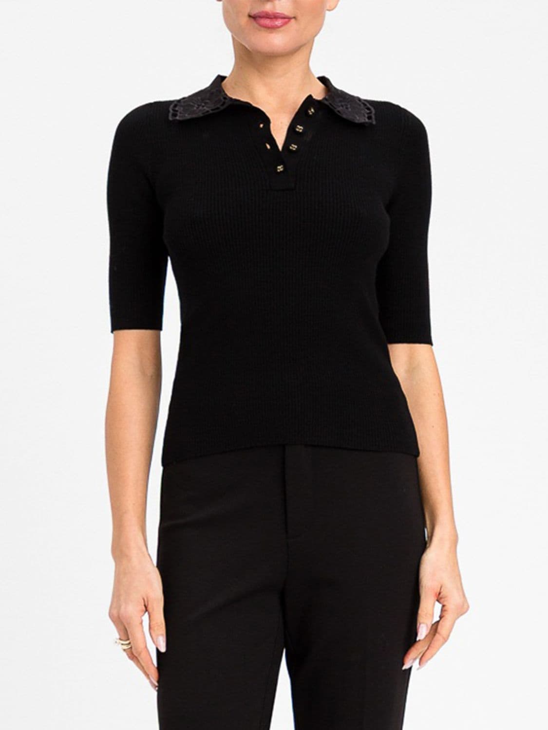 Twinset Slim Fit Ribbed-Knit Polo Shirt with Lace Collar