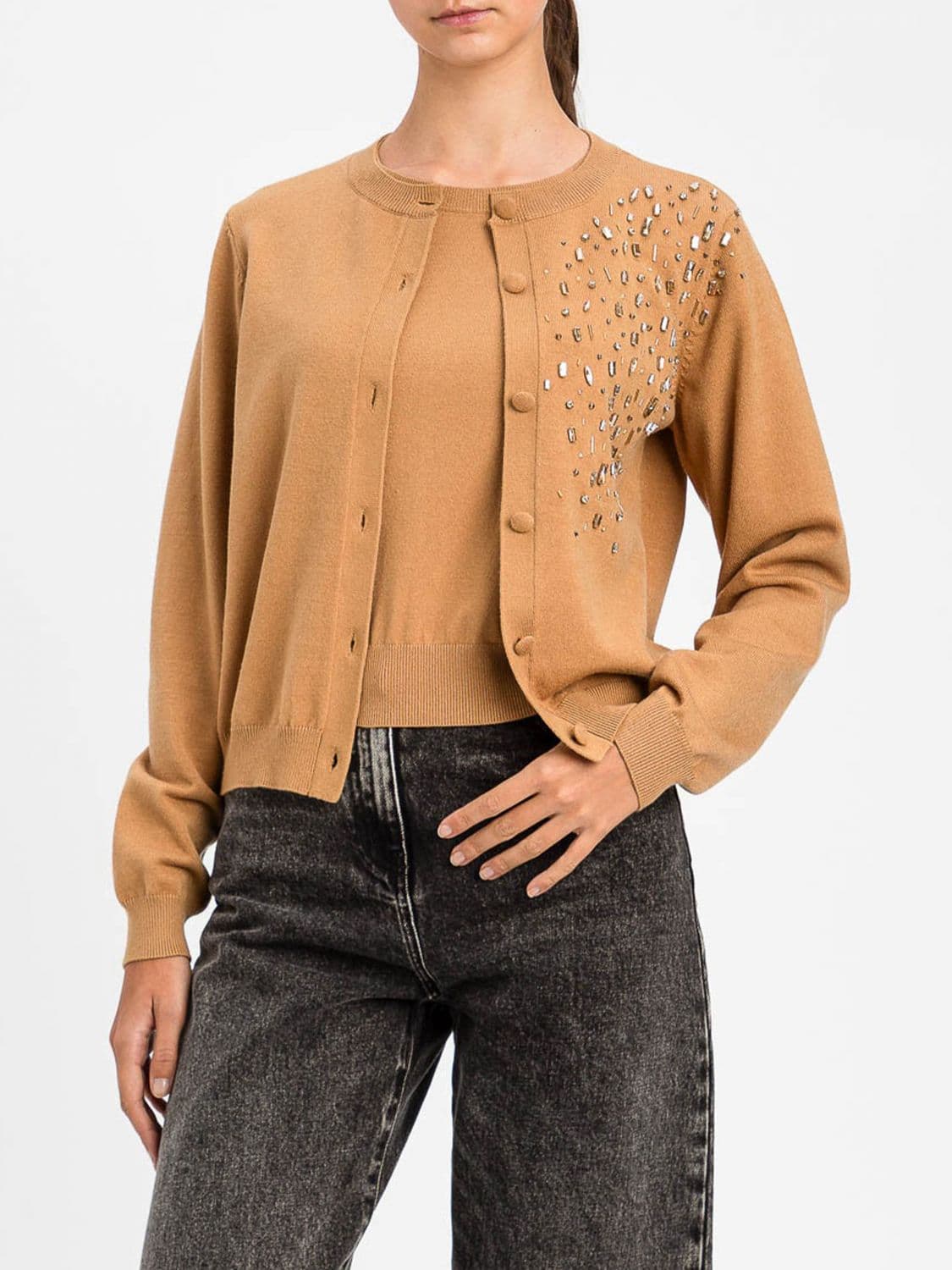 Actitude Twinset Crystal-Embellished Viscose Blend Crewneck Cardigan