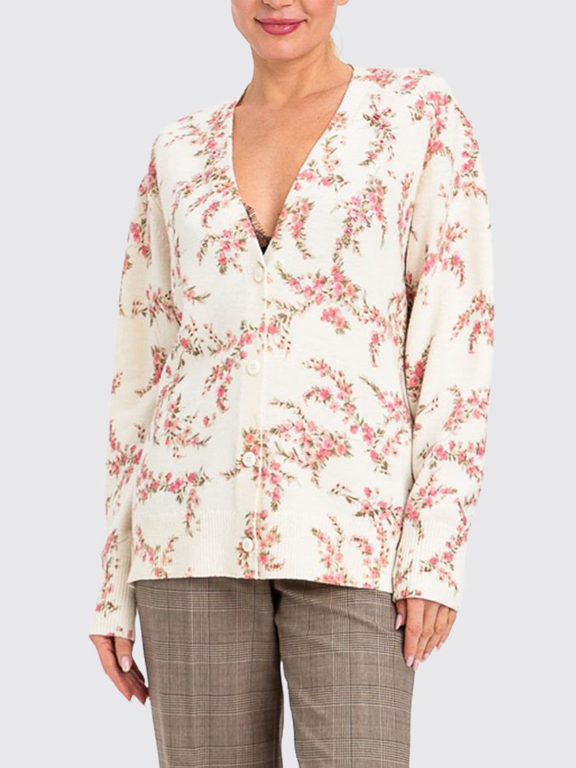 Twinset Relaxed Fit Floral Print Wool Blend Cardigan