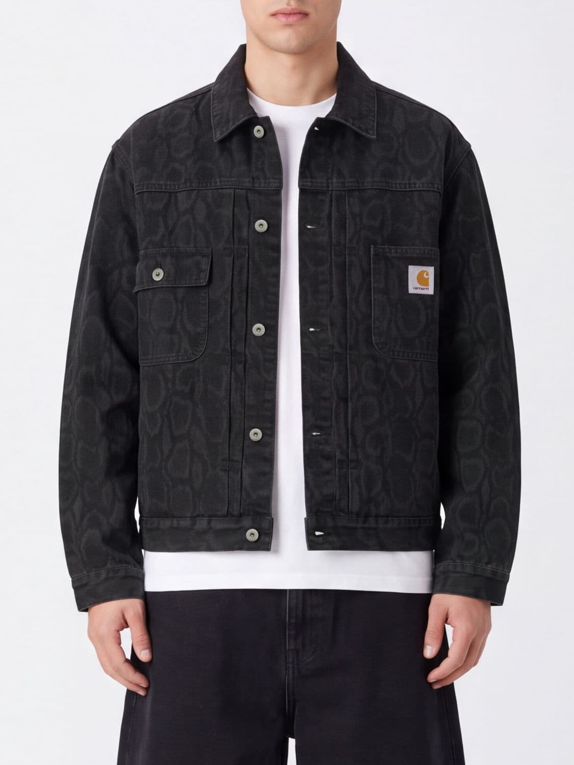 Carhartt Wip Belmar Denim Jacket in Crocodile Print Denim with Logo Patch